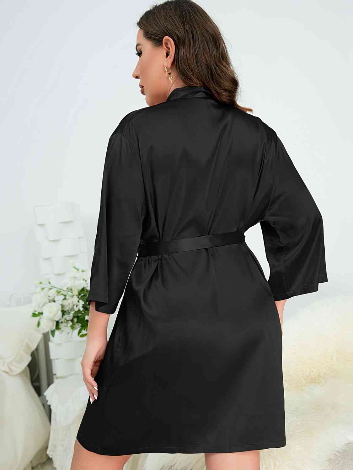 Plus Size Surplice Neck Tie Waist Robe - Body By J'ne