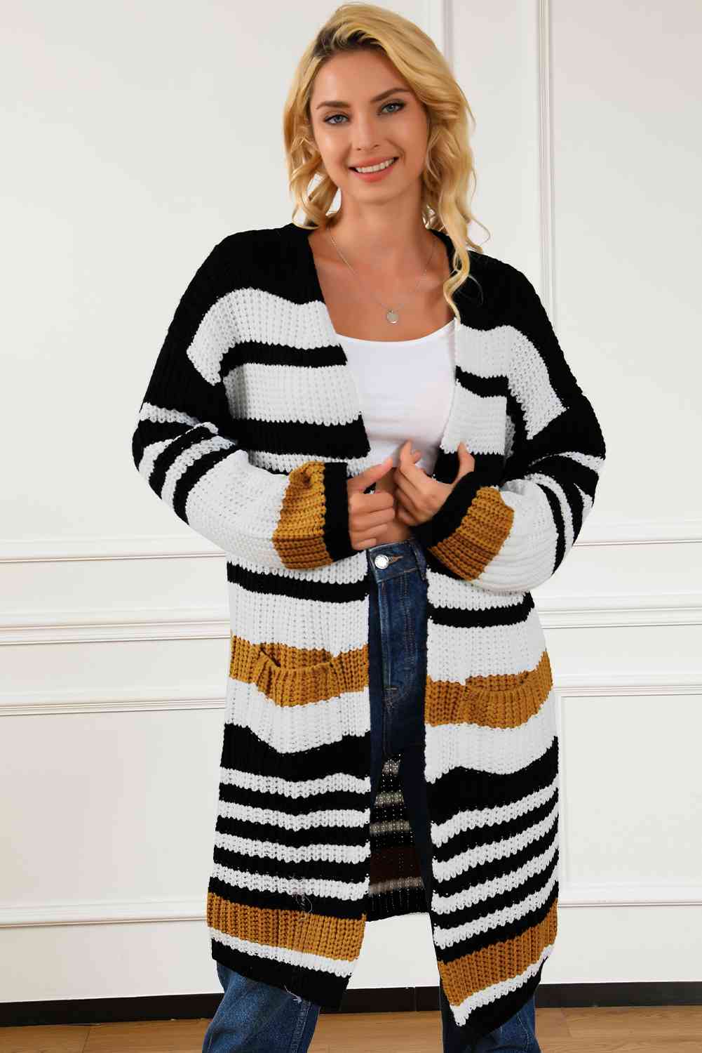 Striped Open Front Cardigan with Pockets - Body By J'ne