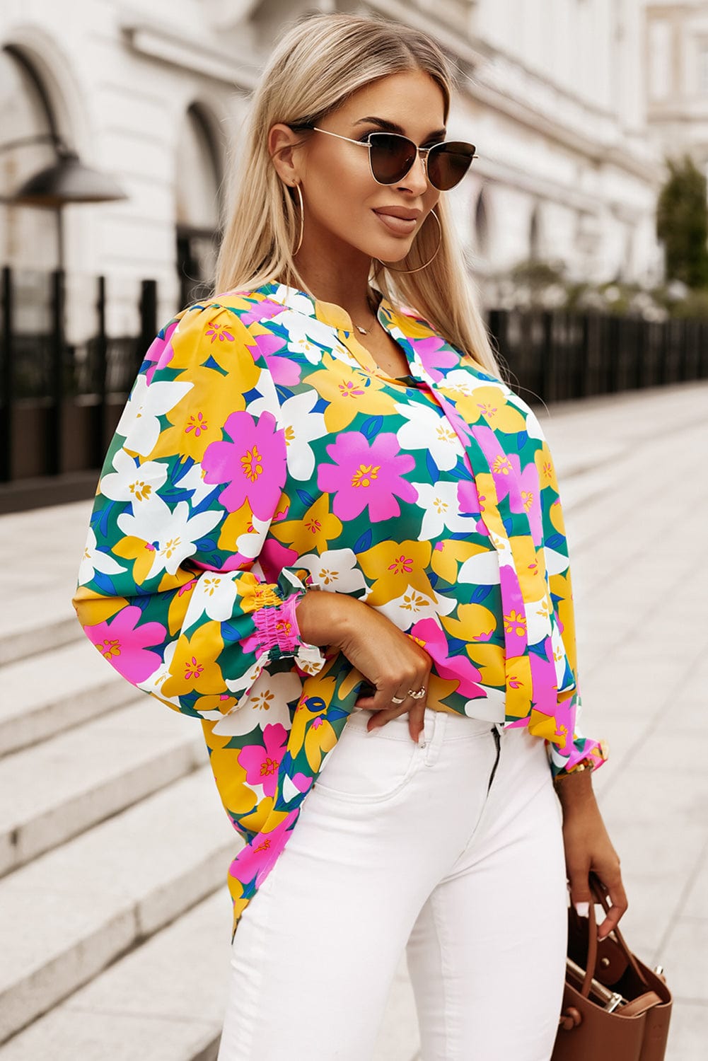 Floral Print Notched Neck Lantern Sleeve Blouse - Body By J'ne
