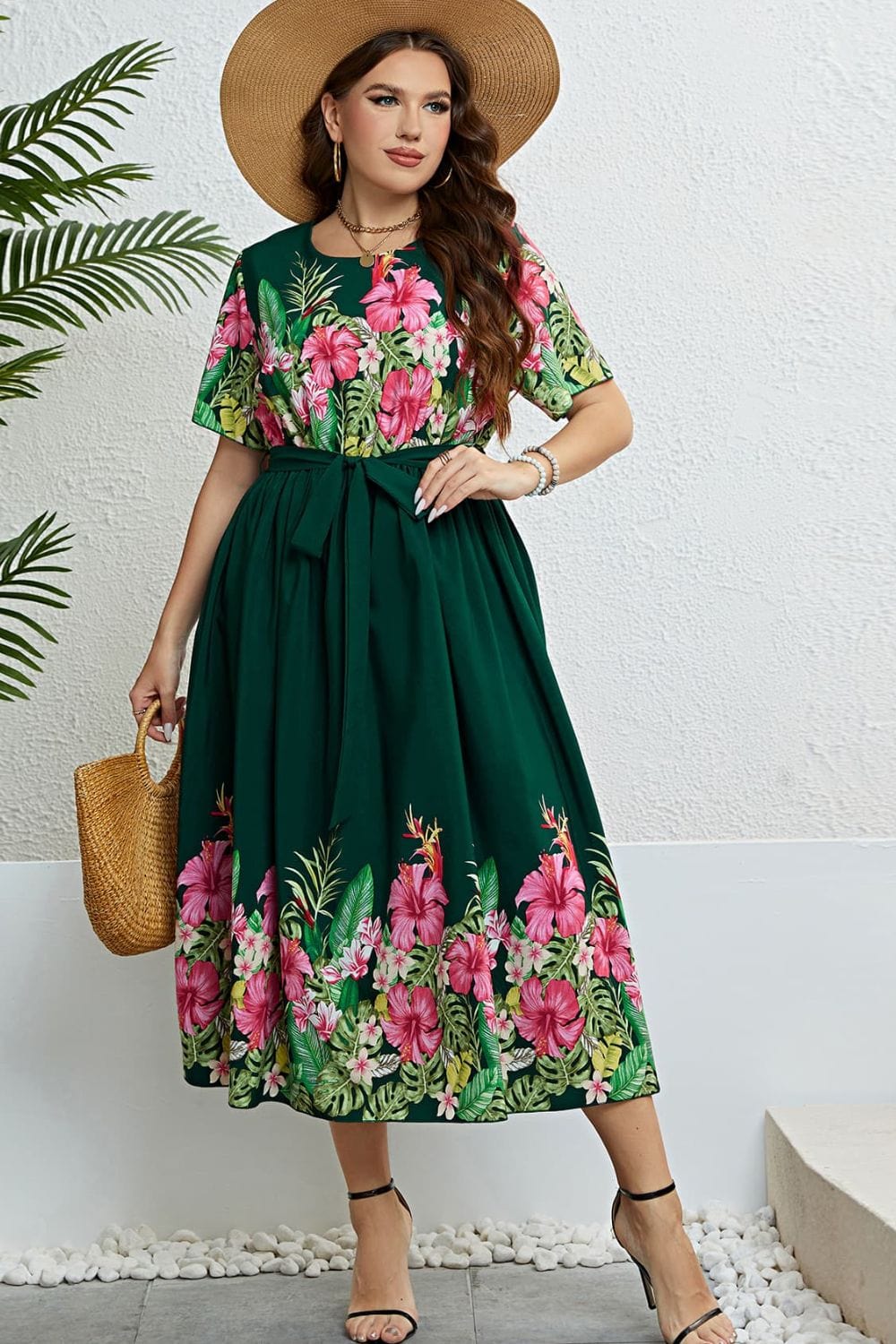 Floral Tie-Waist Round Neck Dress - Body By J'ne