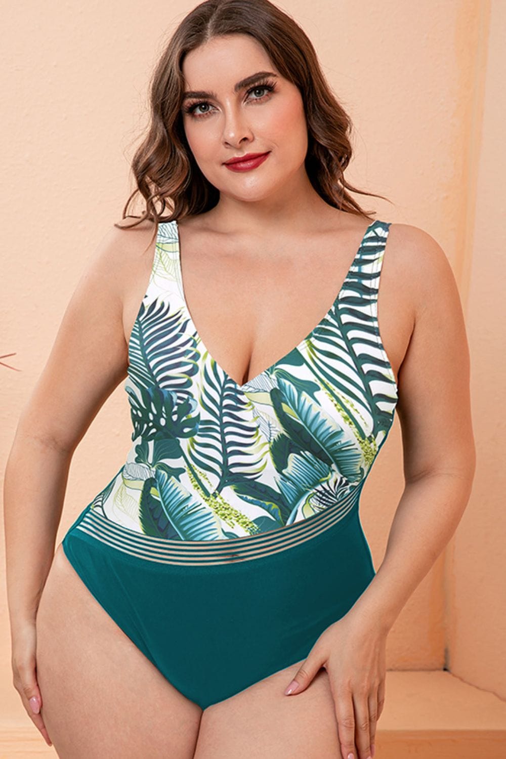 Full Size Two Tone Plunge One Piece Swimsuit Body By J ne