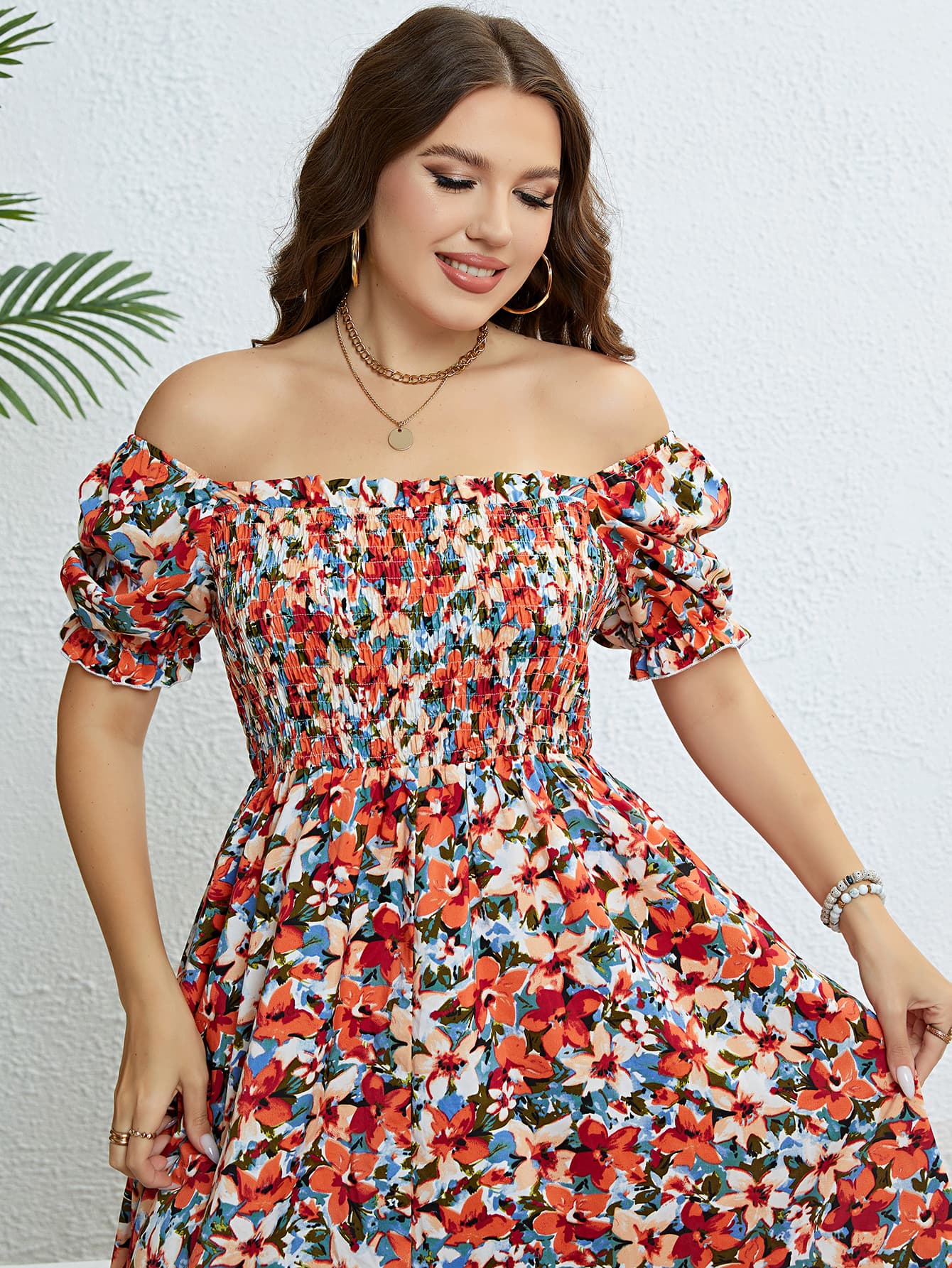Plus Size Floral Smocked Square Neck Dress - Body By J'ne