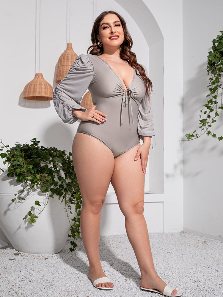 Plus Size Tied Deep V Balloon Sleeve One-Piece Swimsuit - Body By J'ne