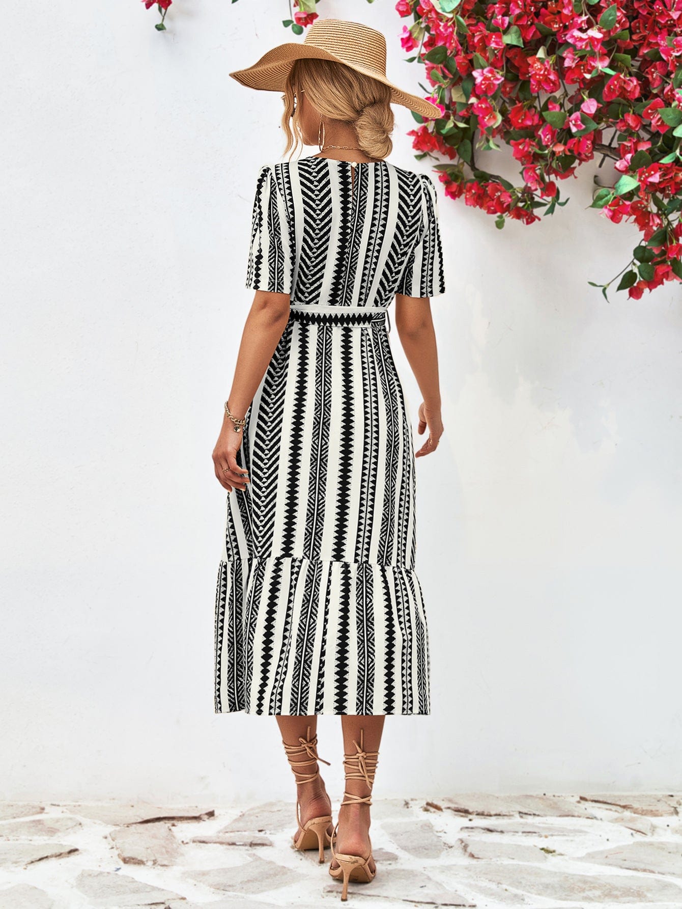 Striped Tie Belt Round Neck Puff Sleeve Dress - Body By J'ne
