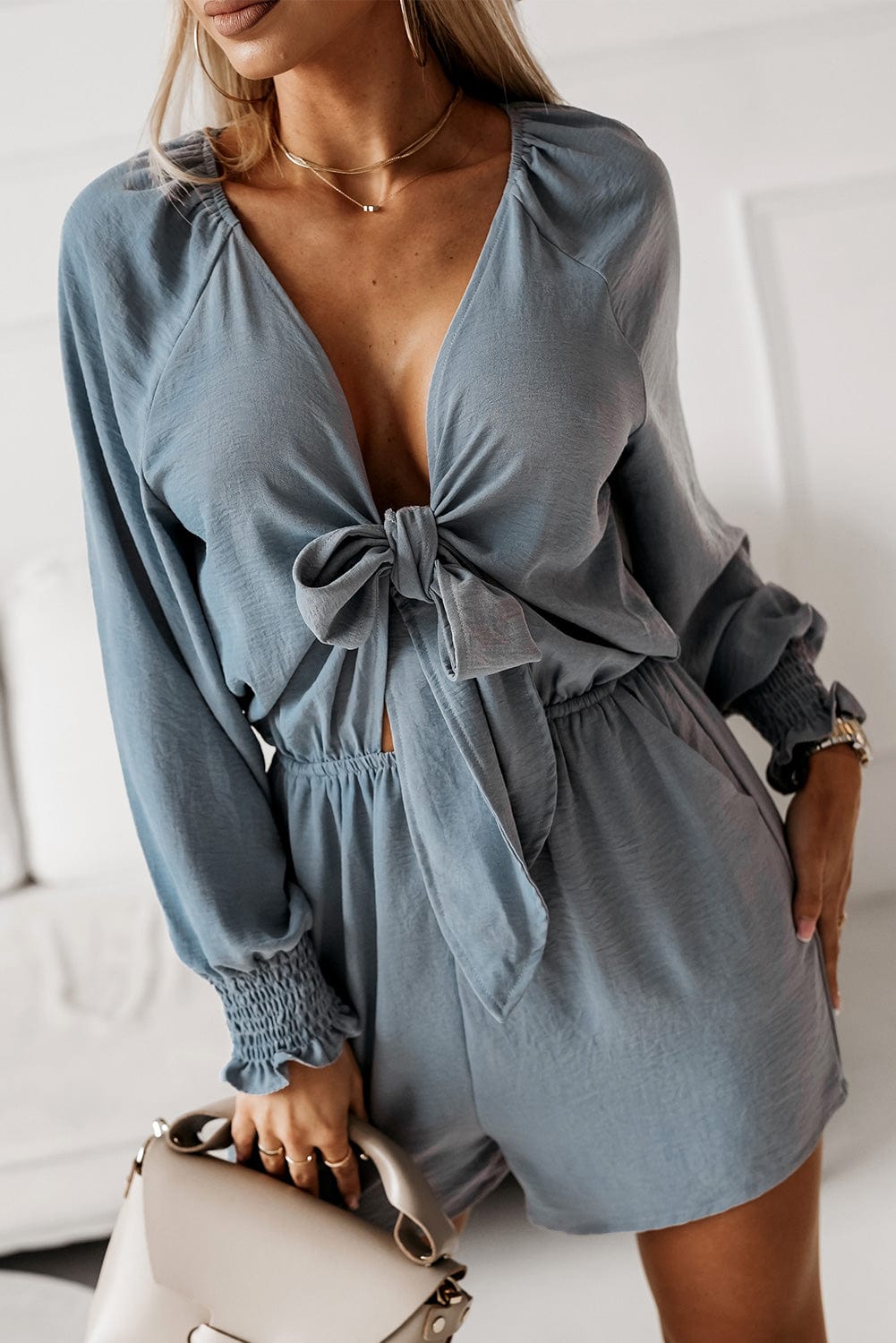 Tied Flounce Sleeve Plunge Romper - Body By J'ne