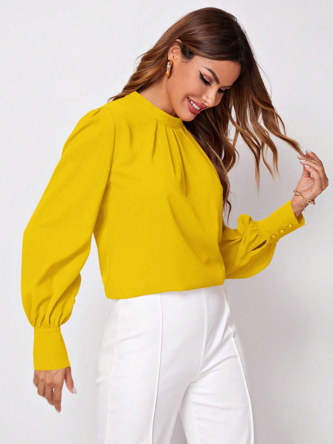 Ruched Mock Neck Long Sleeve Blouse - Body By J'ne