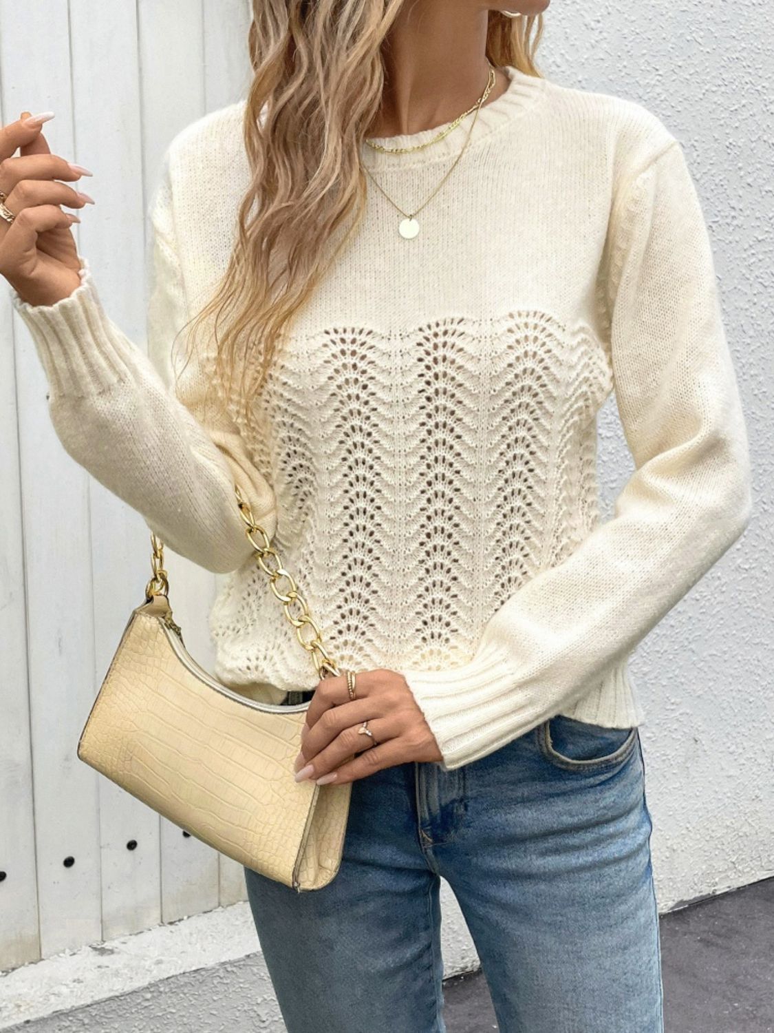 Perfee Openwork Round Neck Long Sleeve Sweater - Body By J'ne