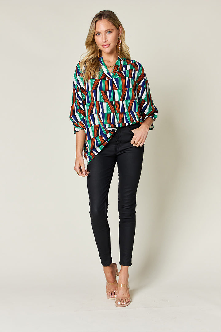 Full Size Geometric Notched Raglan Sleeve Blouse - Body By J'ne