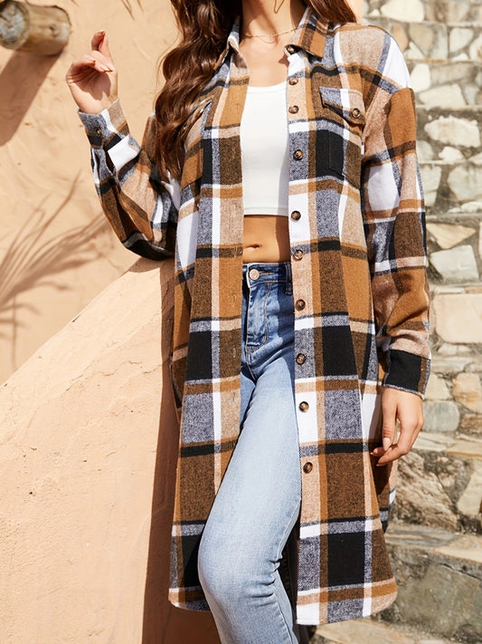 Plaid Collared Neck Long Sleeve Jacket - Body By J'ne