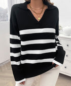 Striped Collared Neck Long Sleeve Sweater