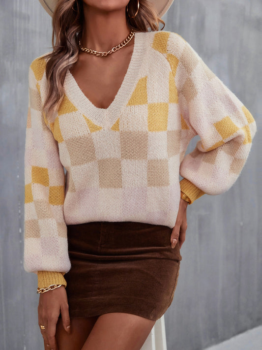 Checkered V-Neck Lantern Sleeve Sweater - Body By J'ne