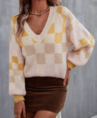 Checkered V-Neck Lantern Sleeve Sweater - Body By J'ne