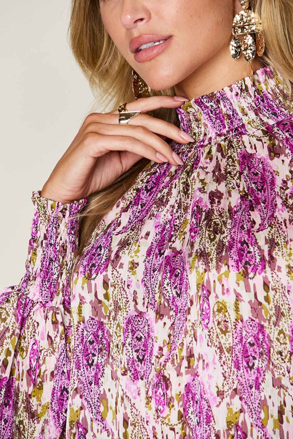 Full Size Printed Smocked Long Sleeve Blouse - Body By J'ne