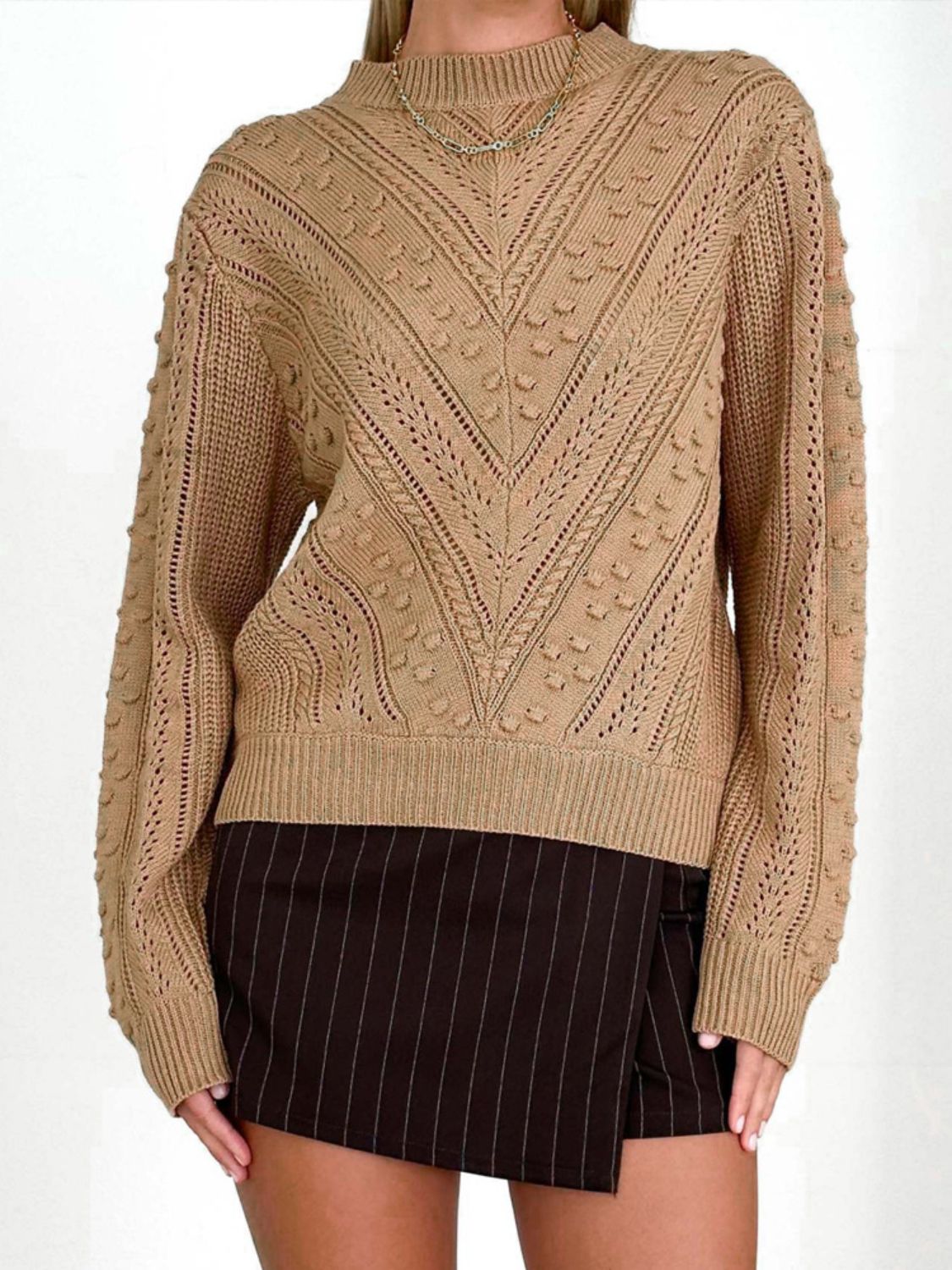 Perfee Openwork Round Neck Long Sleeve Sweater - Body By J'ne