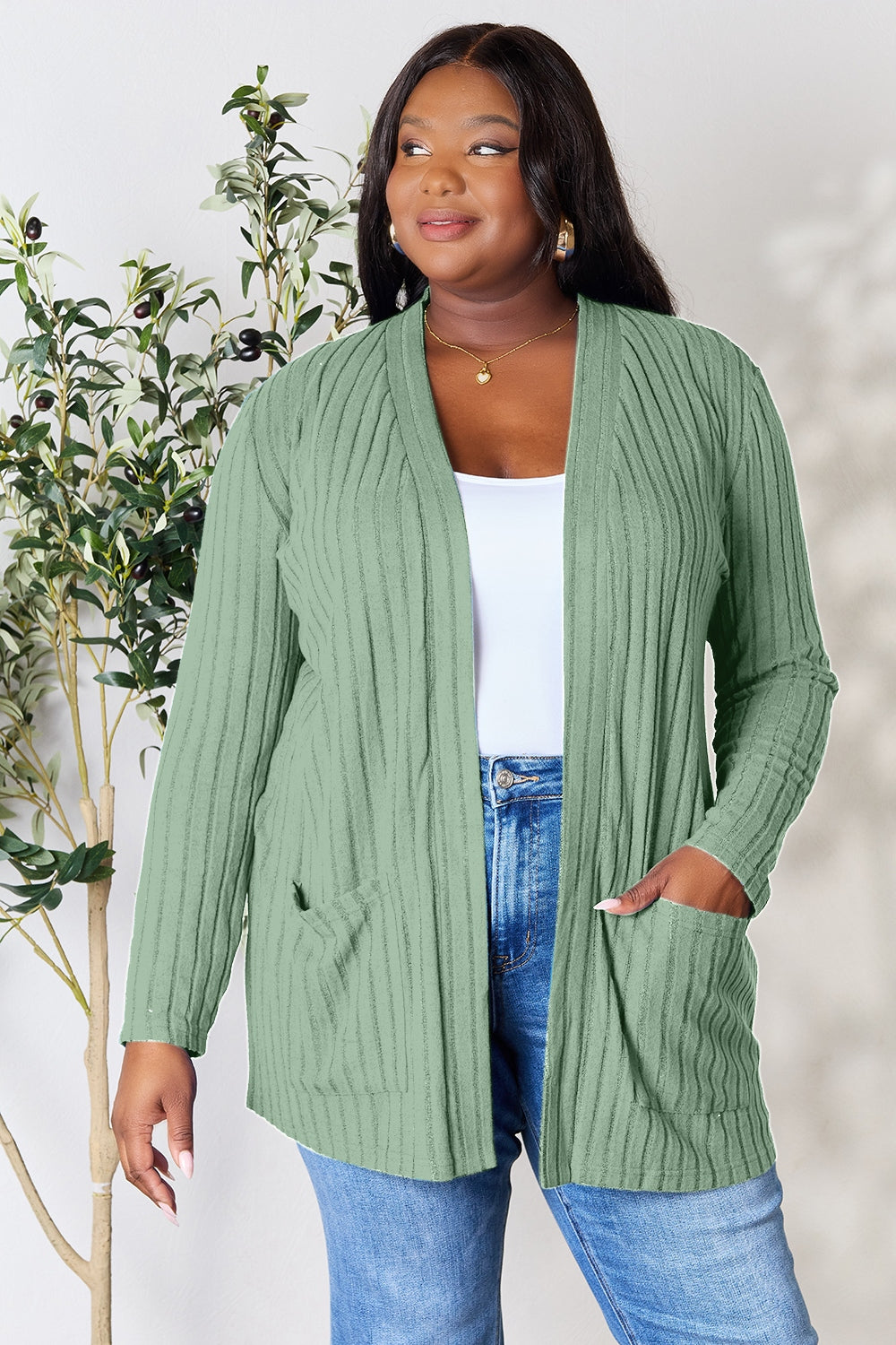 Ribbed Open Front Cardigan with Pockets - Body By J'ne