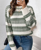 Perfee Contrast Round Neck Long Sleeve Sweater