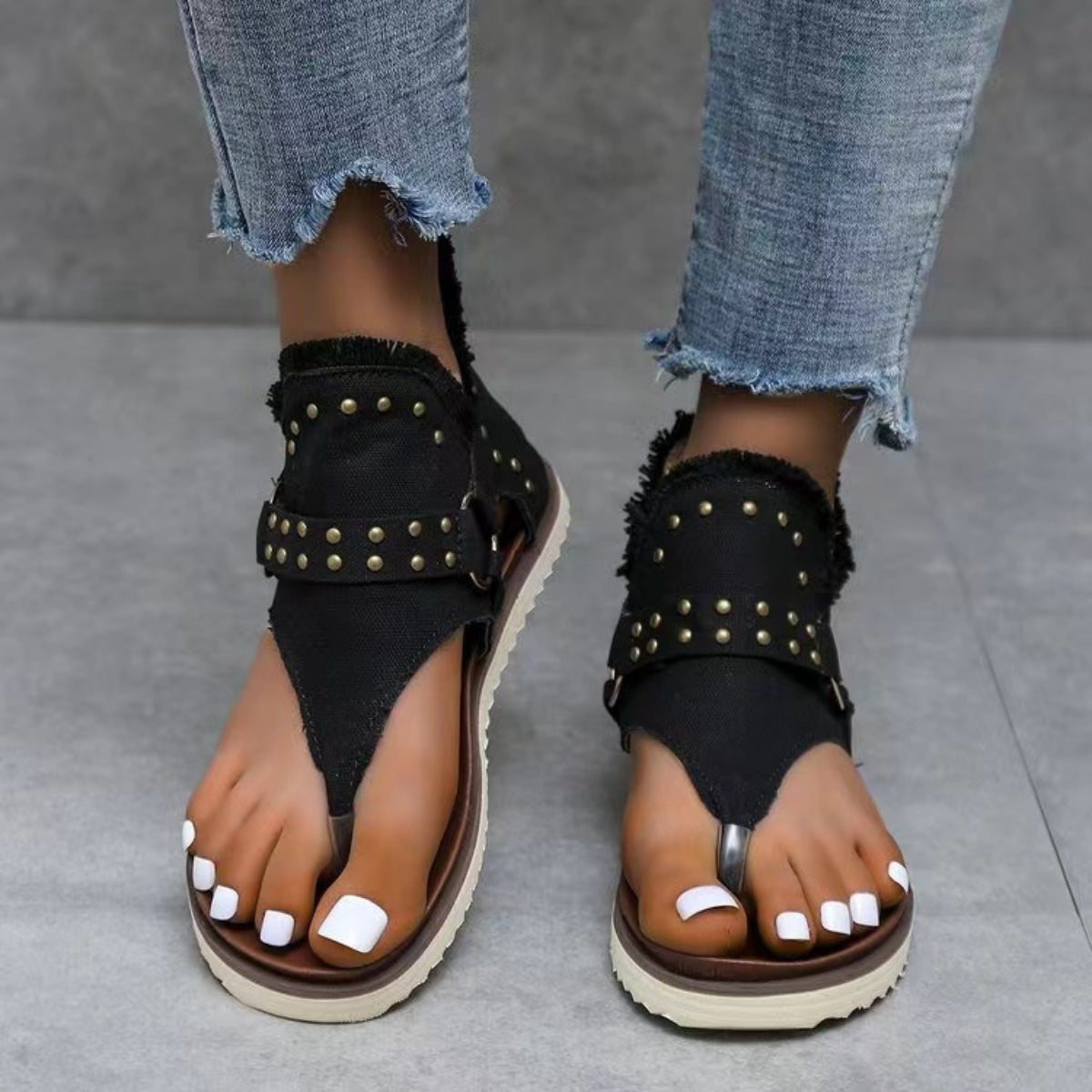 Studded Raw Hem Flat Sandals - Body By J'ne