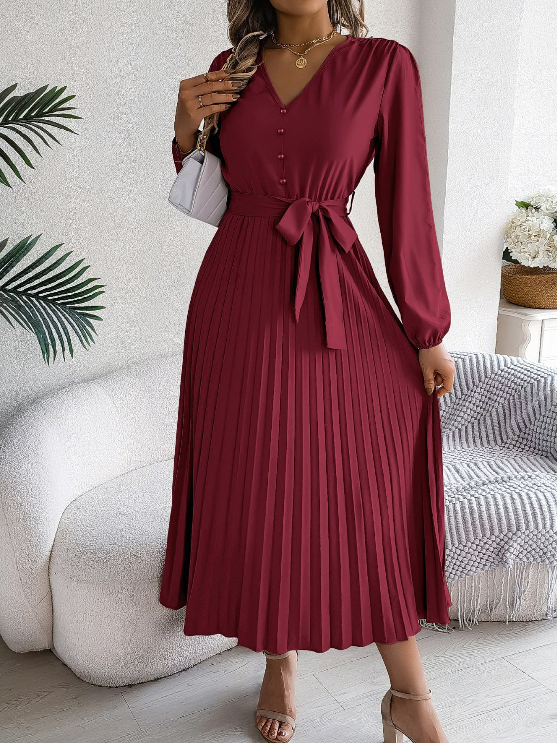Pleated Tied V-Neck Long Sleeve Dress - Body By J'ne