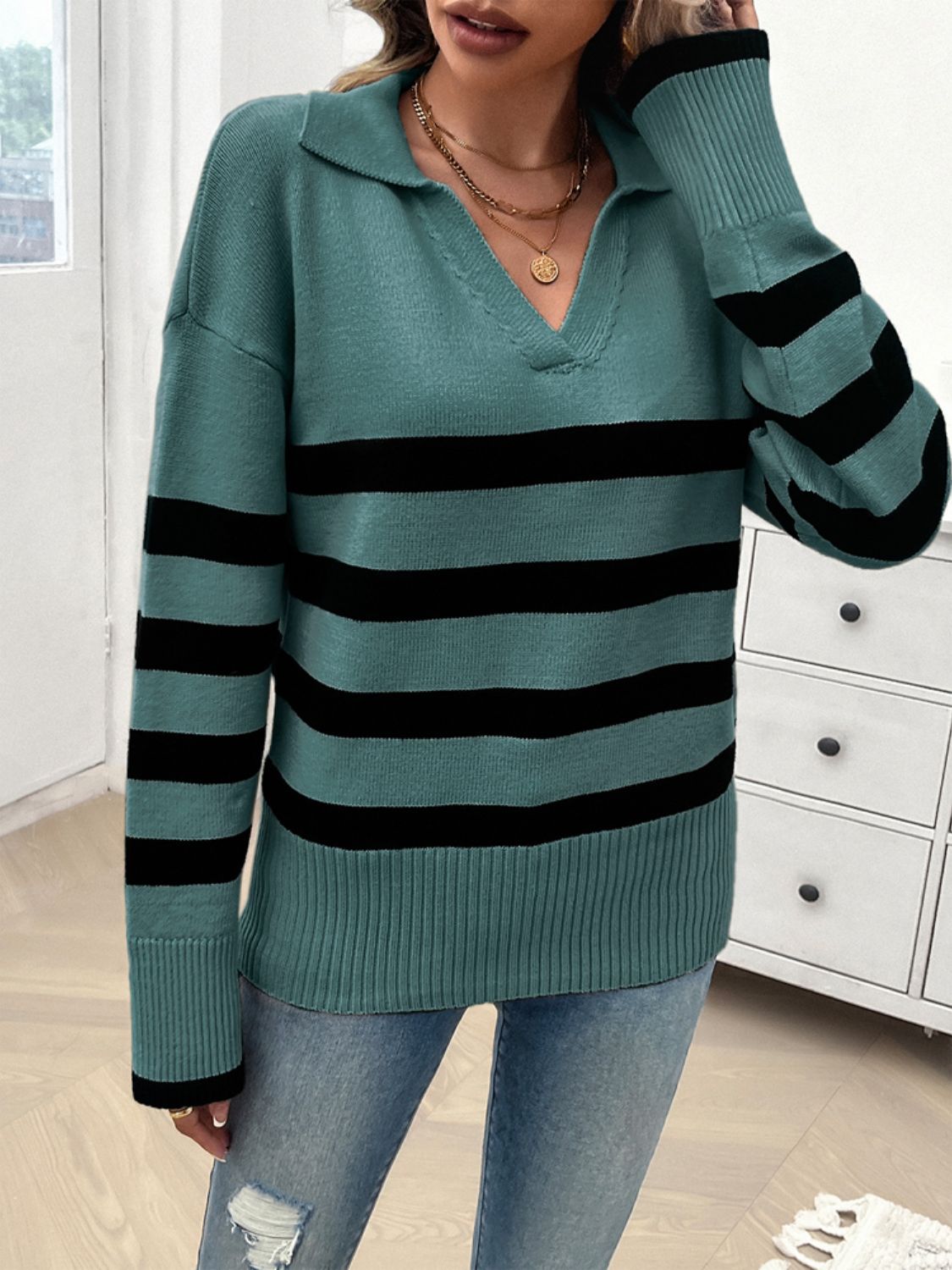 Striped Collared Neck Long Sleeve Sweater