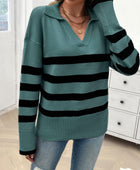 Striped Collared Neck Long Sleeve Sweater