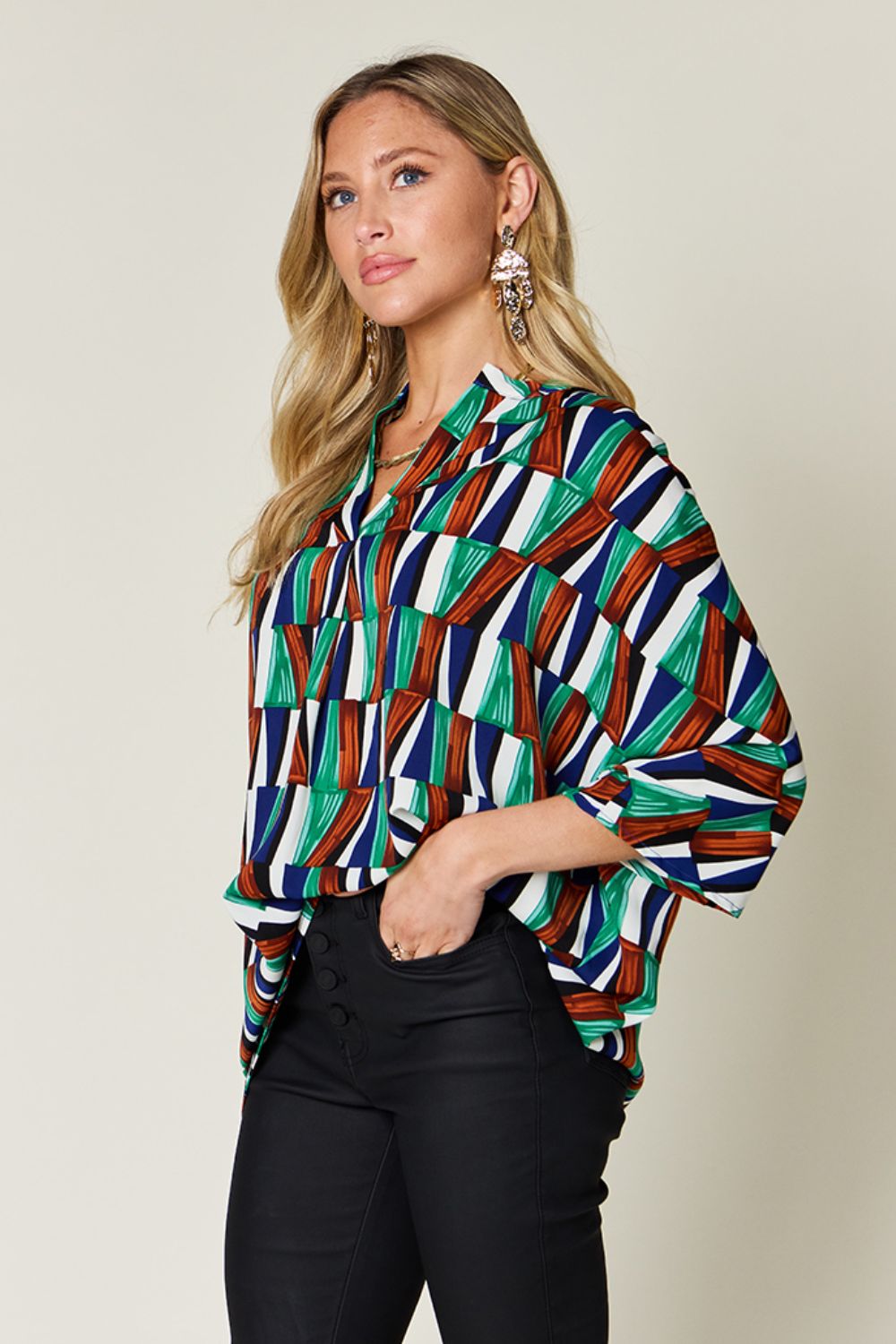 Full Size Geometric Notched Raglan Sleeve Blouse - Body By J'ne