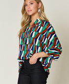 Full Size Geometric Notched Raglan Sleeve Blouse - Body By J'ne