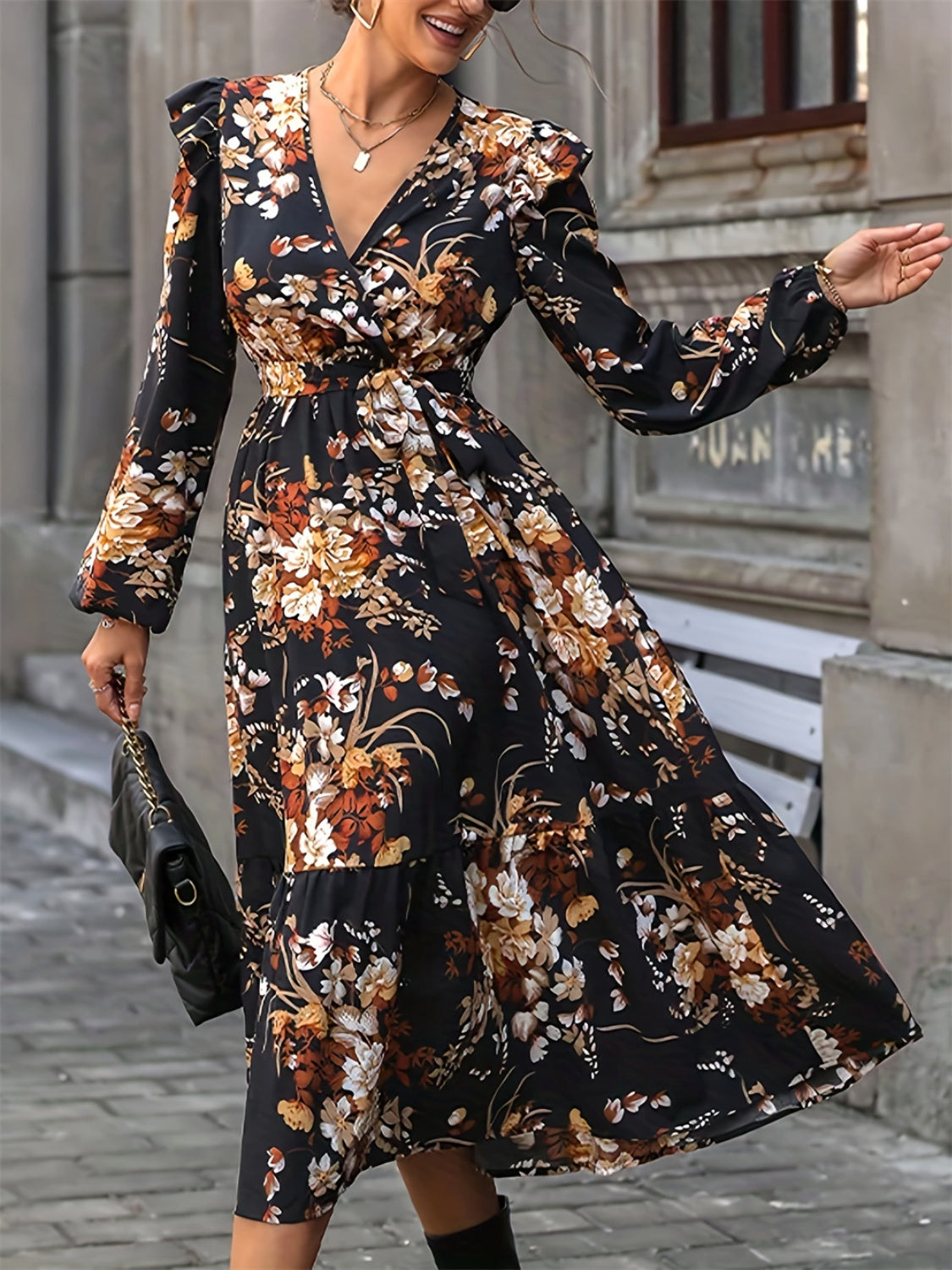 Ruffled Printed Surplice Long Sleeve Midi Dress - Body By J'ne
