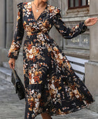 Ruffled Printed Surplice Long Sleeve Midi Dress