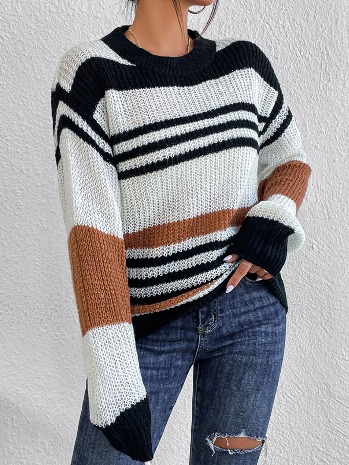 Contrast Striped Round Neck Long Sleeve Sweater - Body By J'ne