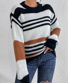 Contrast Striped Round Neck Long Sleeve Sweater