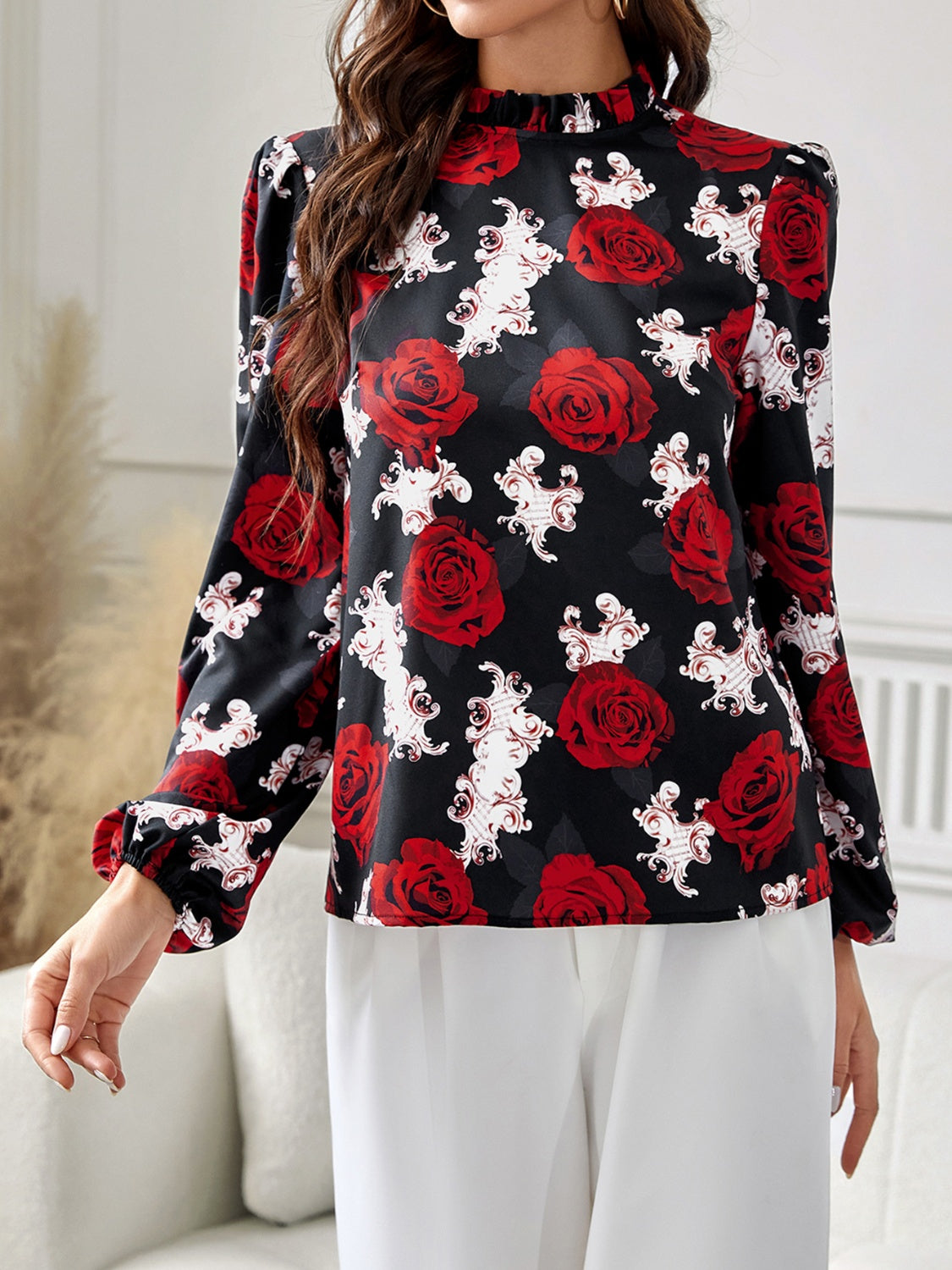 Frill Floral Mock Neck Long Sleeve Top - Body By J'ne