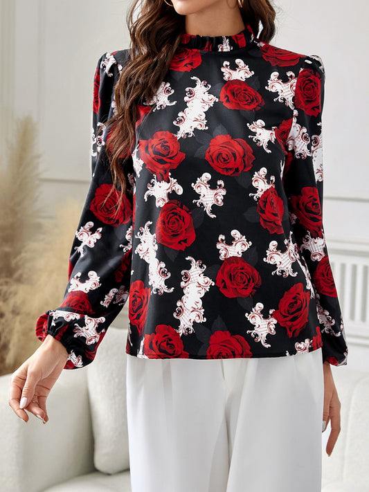 Frill Floral Mock Neck Long Sleeve Top - Body By J'ne