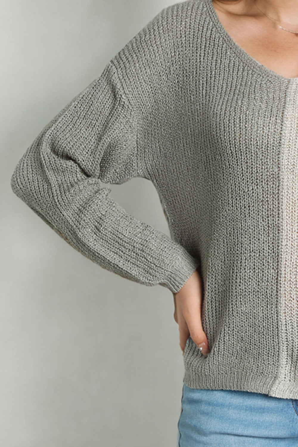 Contrast Color V-Neck Long Sleeve Pullover Sweater - Body By J'ne