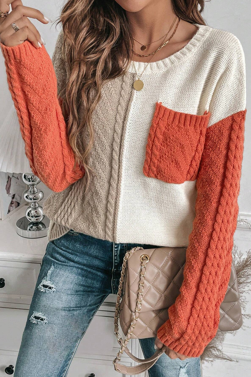 Color Block Round Neck Long Sleeve Sweater - Body By J'ne