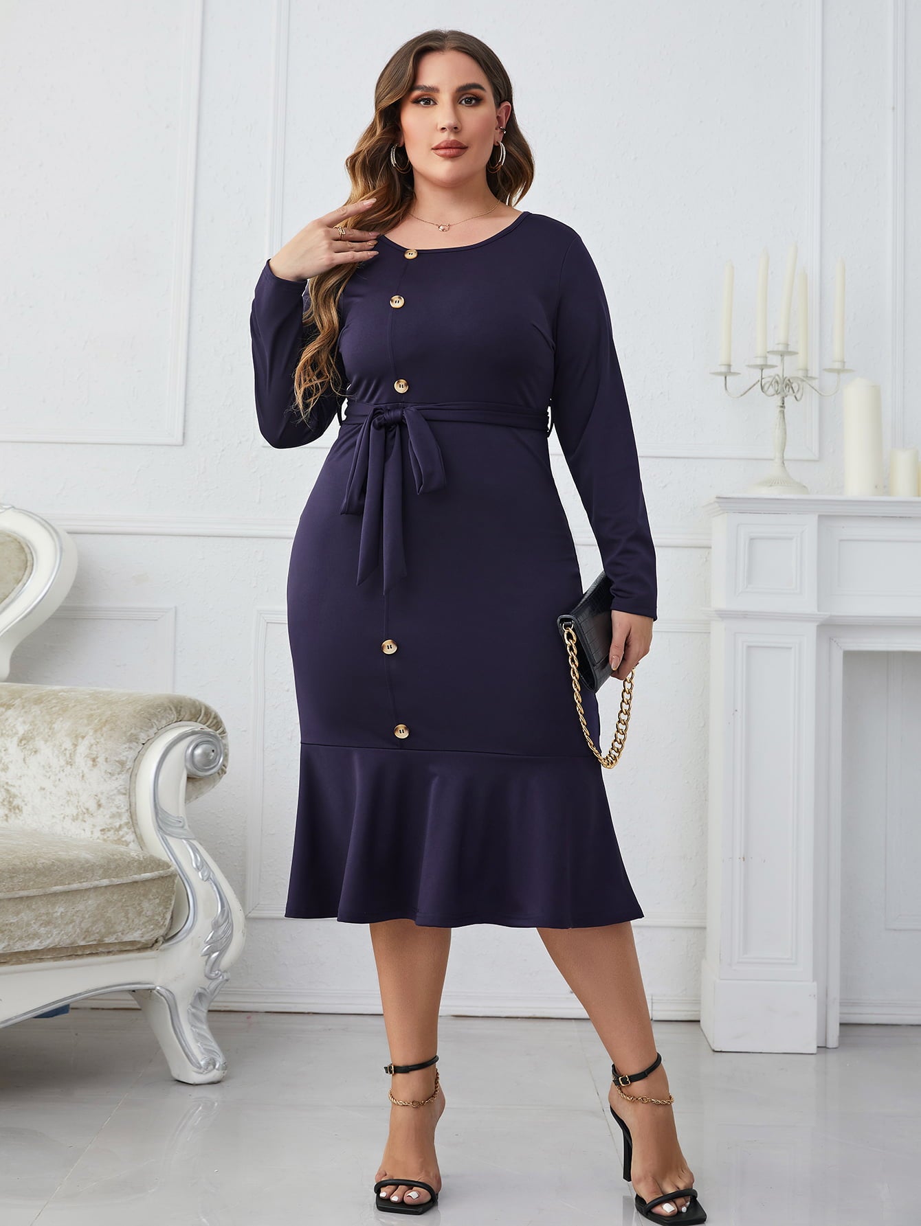 Buttoned Round Neck Tie Belt Midi Dress