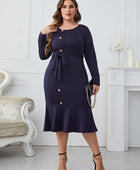 Buttoned Round Neck Tie Belt Midi Dress