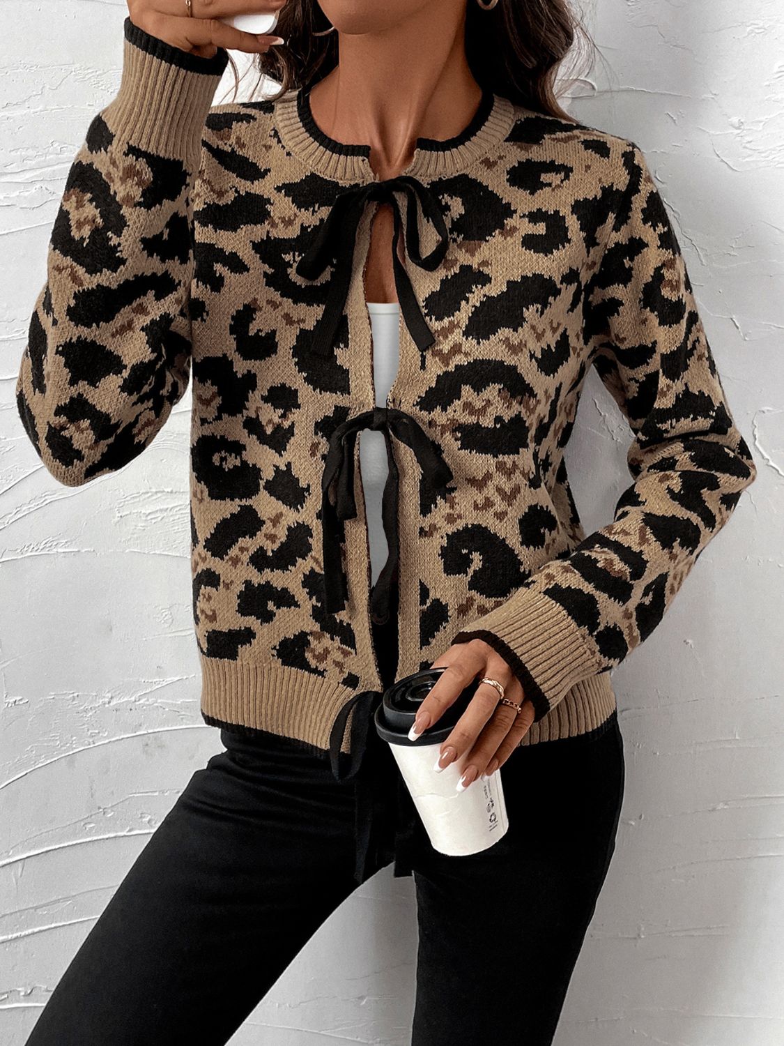 Perfee Tied Leopard Long Sleeve Cardigan - Body By J'ne