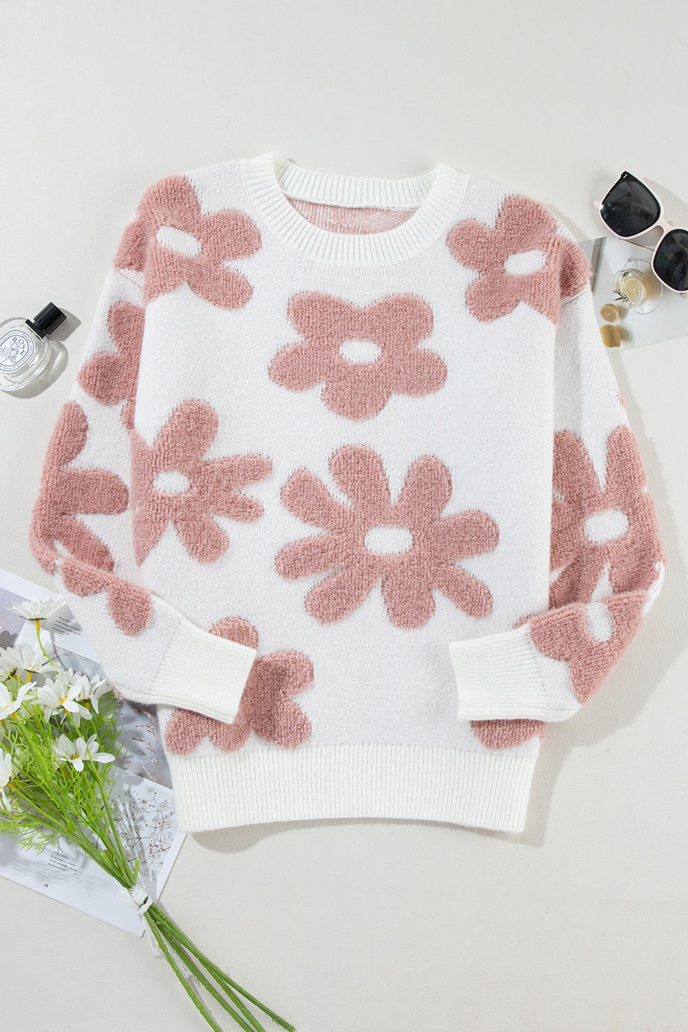 Flower Round Neck Long Sleeve Knit Top - Body By J'ne