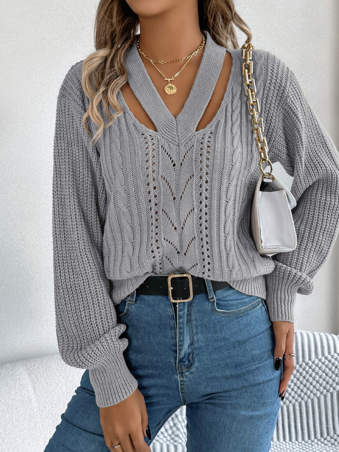 Cutout V-Neck Long Sleeve Sweater - Body By J'ne
