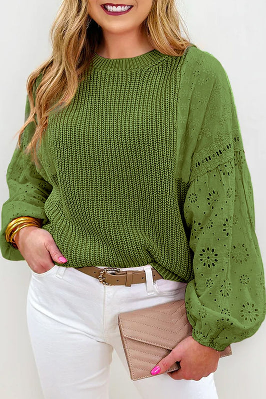 Eyelet Round Neck Drop Shoulder Sweater - Body By J'ne