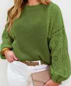 Eyelet Round Neck Drop Shoulder Sweater