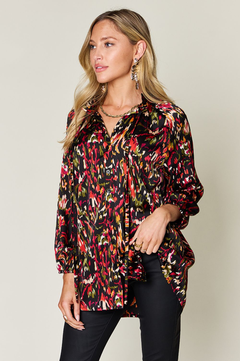 Full Size Printed Button Up Long Sleeve Shirt - Body By J'ne