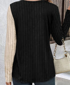 Decorative Button Contrast Round Neck Long Sleeve T-Shirt