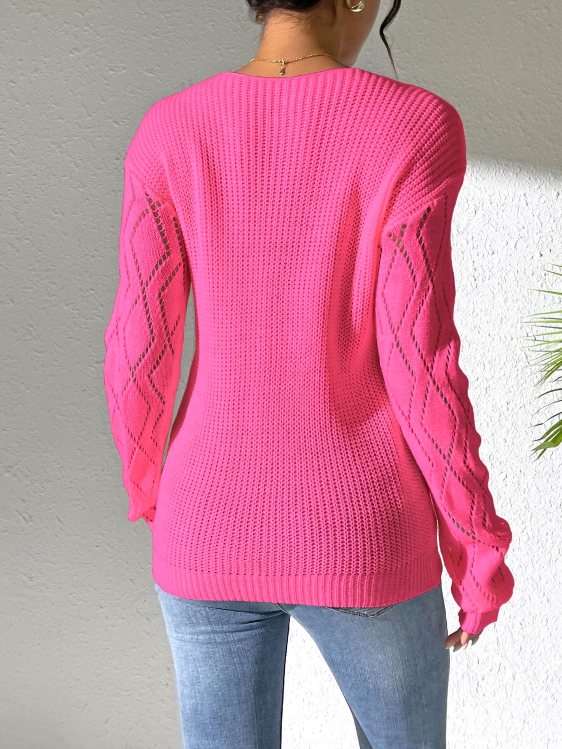Openwork V-Neck Long Sleeve Sweater - Body By J'ne