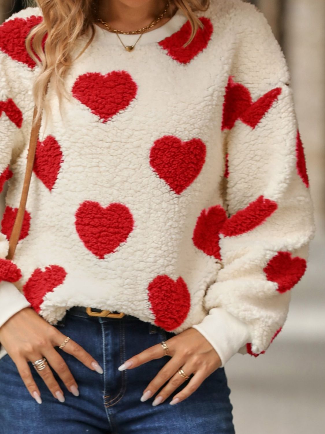 Fuzzy Heart Dropped Shoulder Sweatshirt - Body By J'ne