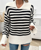 Devine Striped Collared Neck Long Sleeve Sweater