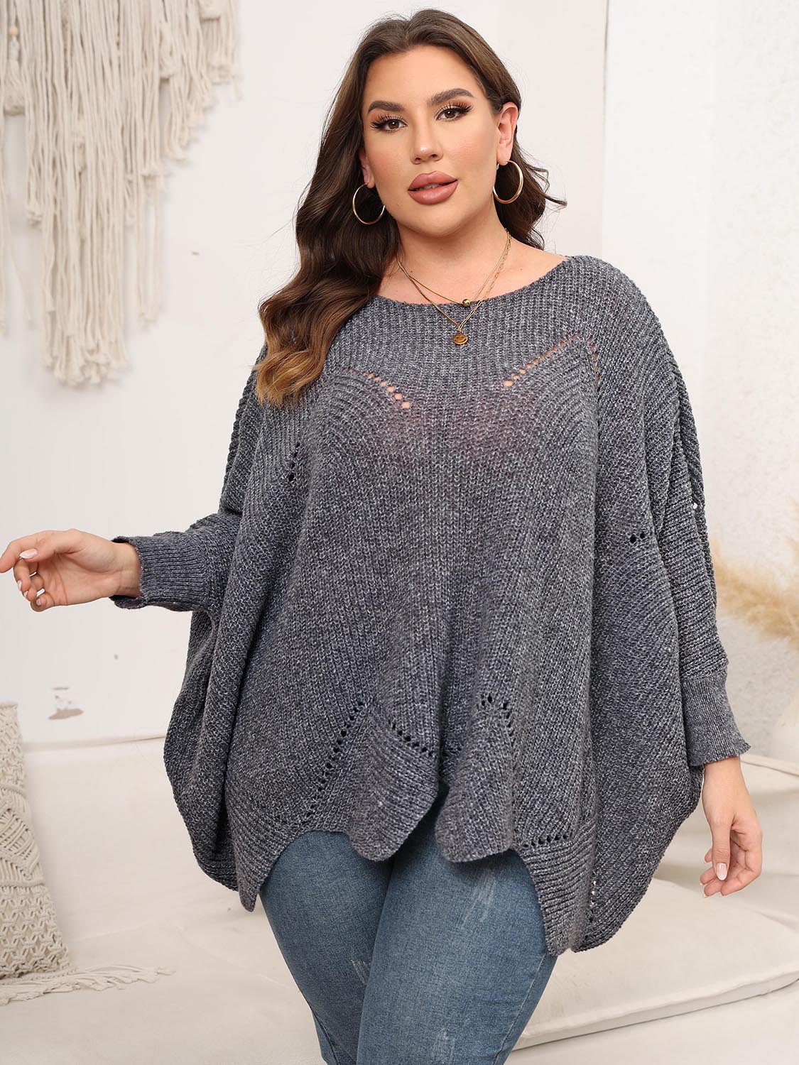 Plus Size Round Neck Batwing Sleeve Sweater - Body By J'ne