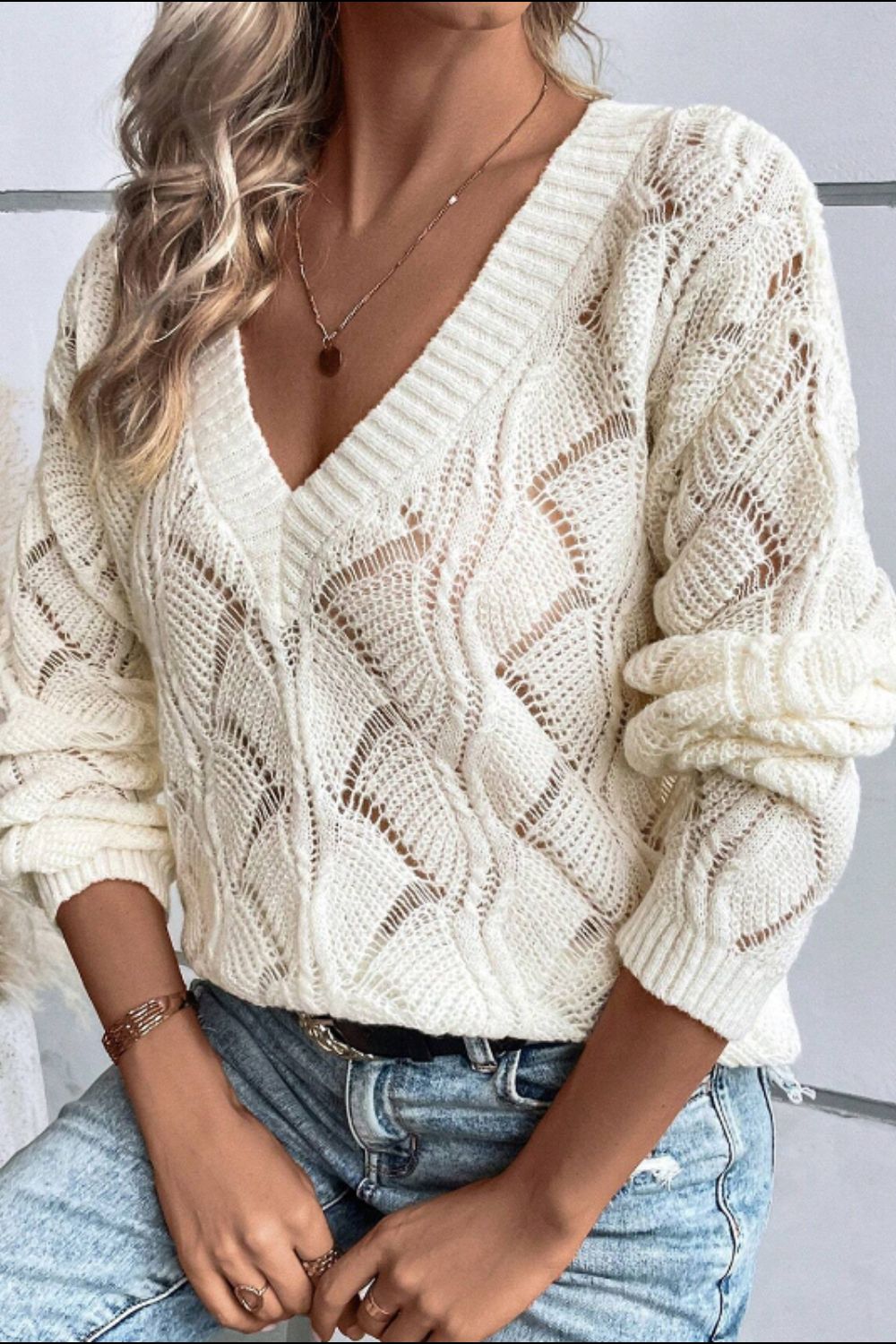 Openwork V-Neck Long Sleeve Sweater - Body By J'ne