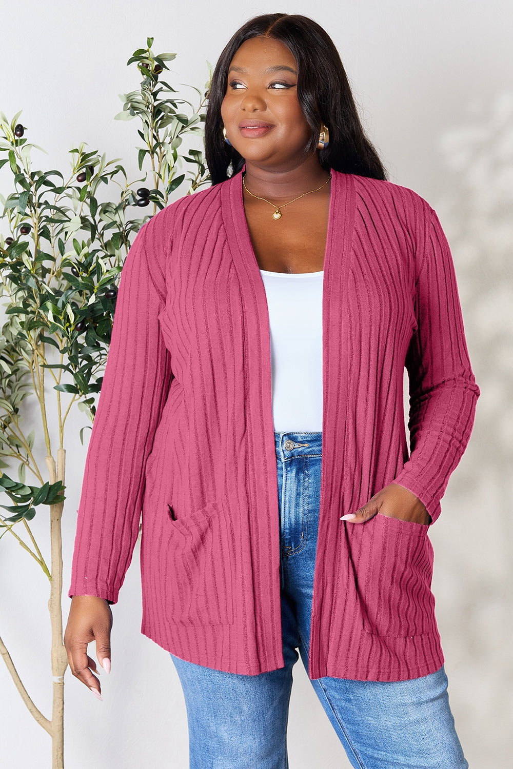 Ribbed Open Front Cardigan with Pockets - Body By J'ne