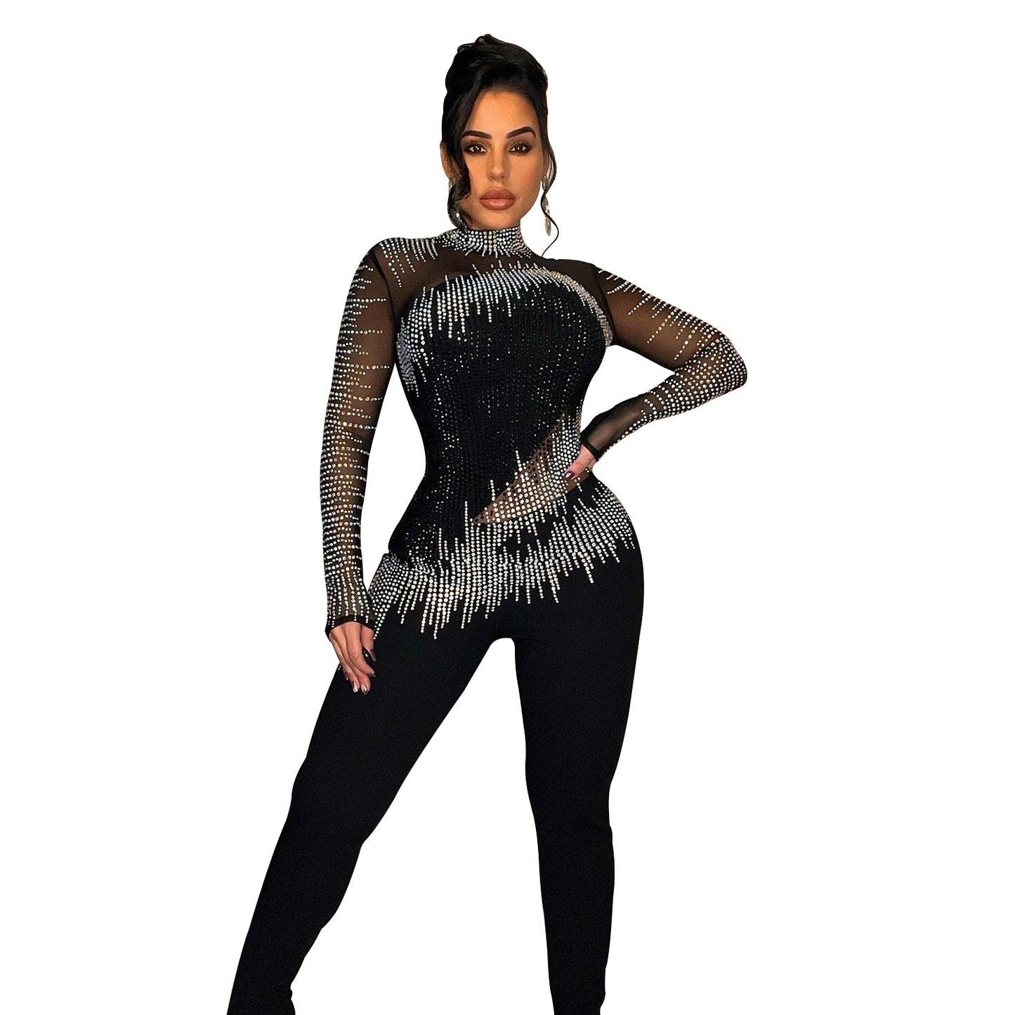 Pure Color Mesh Rhinestone Jumpsuit - Body By J'ne